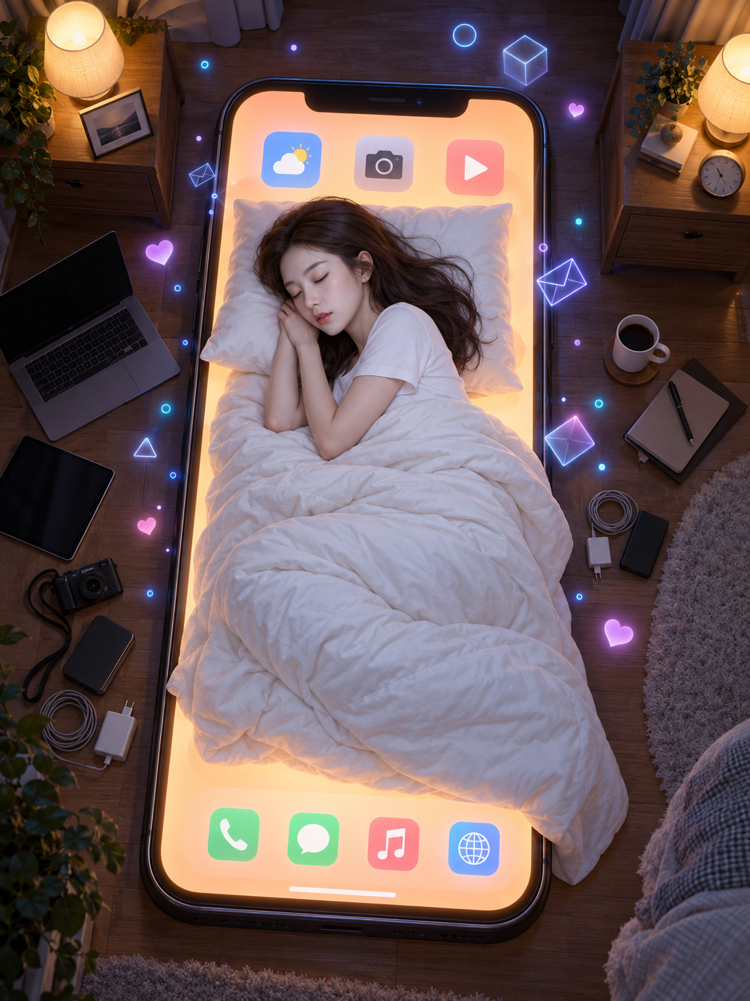 Ночной цифровой сон на гигантской кровати-смартфоне