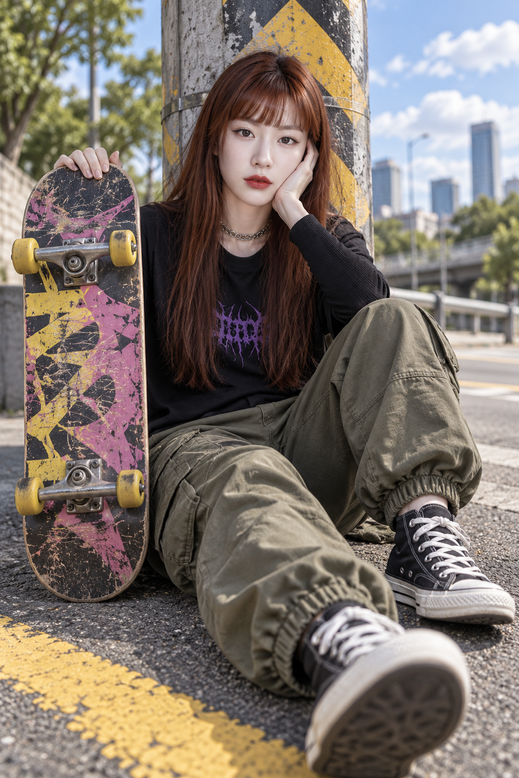 붉은 머리 스케이터의 도시 거리 인물 사진