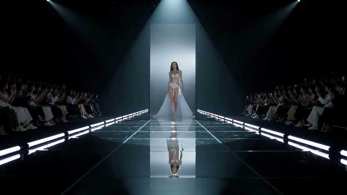 Défilé de lingerie argentée sous les projecteurs