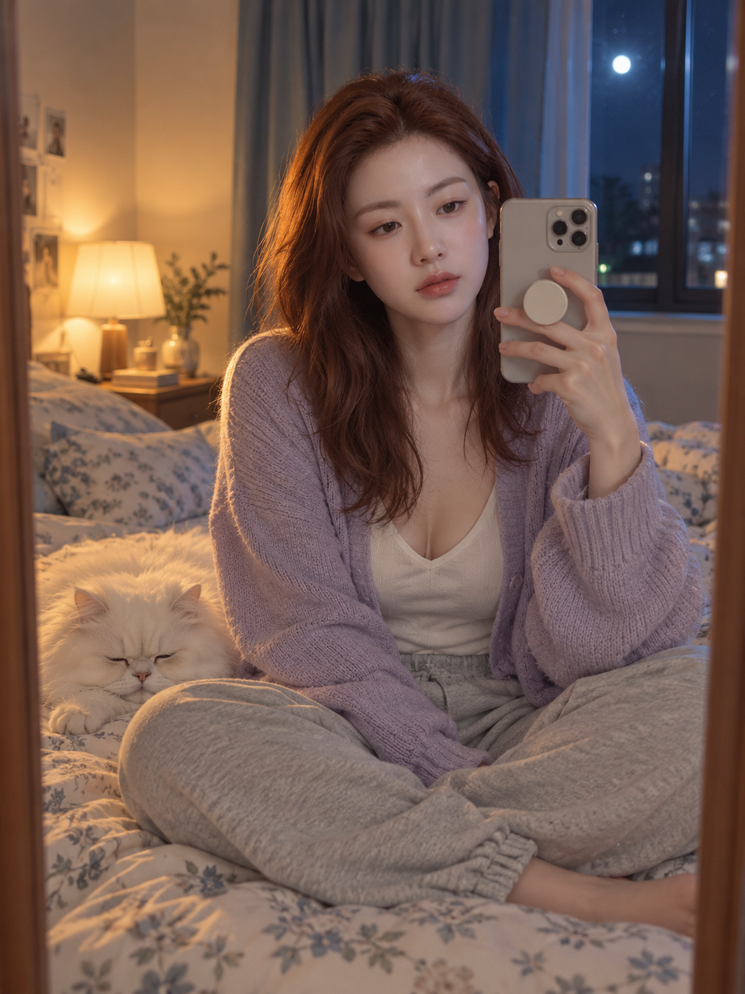 冷暖光影下的成年红发女性卧室自拍