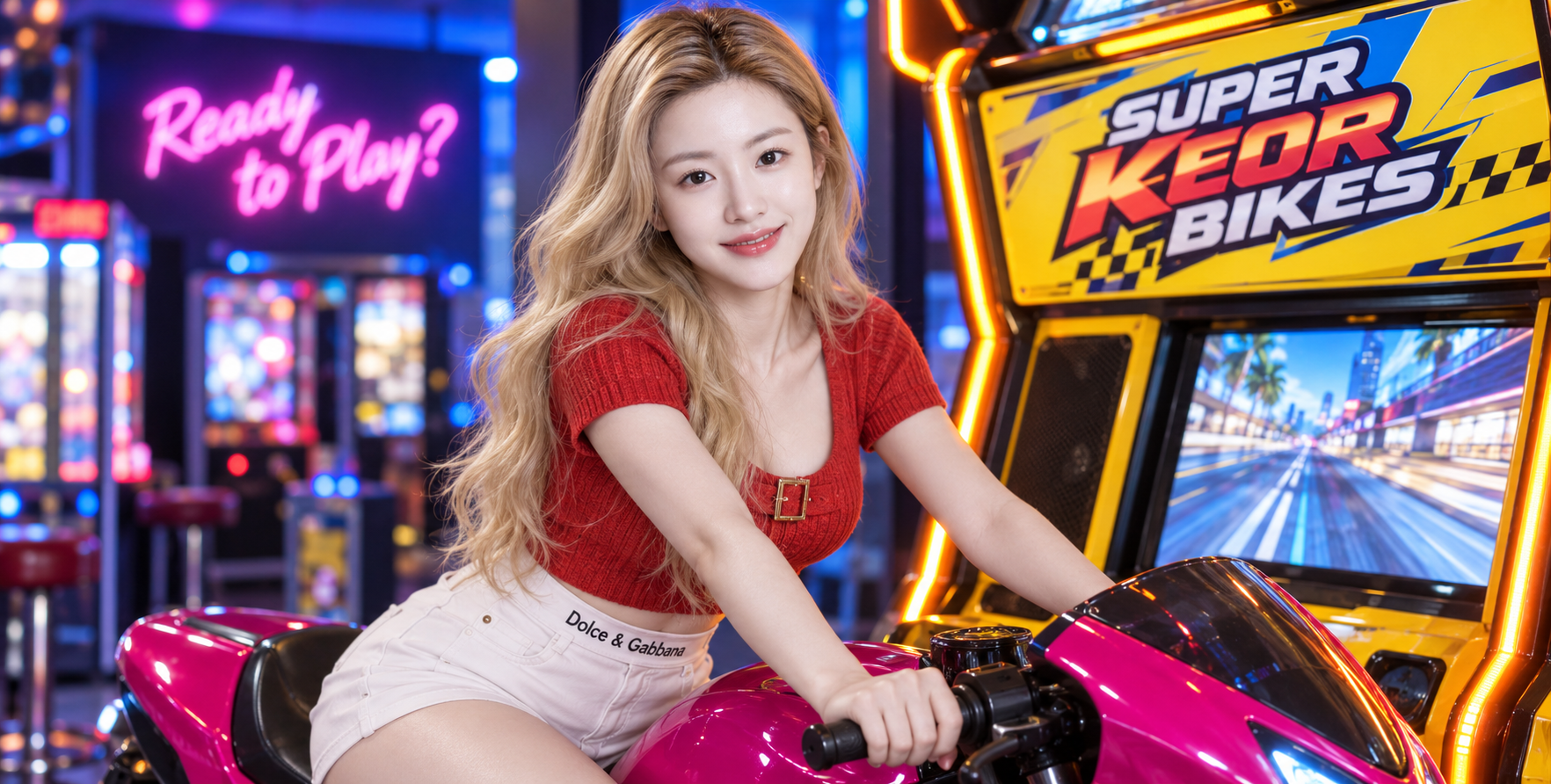 노란색과 분홍색 네온 오락실 앞의 성인 금발 여성