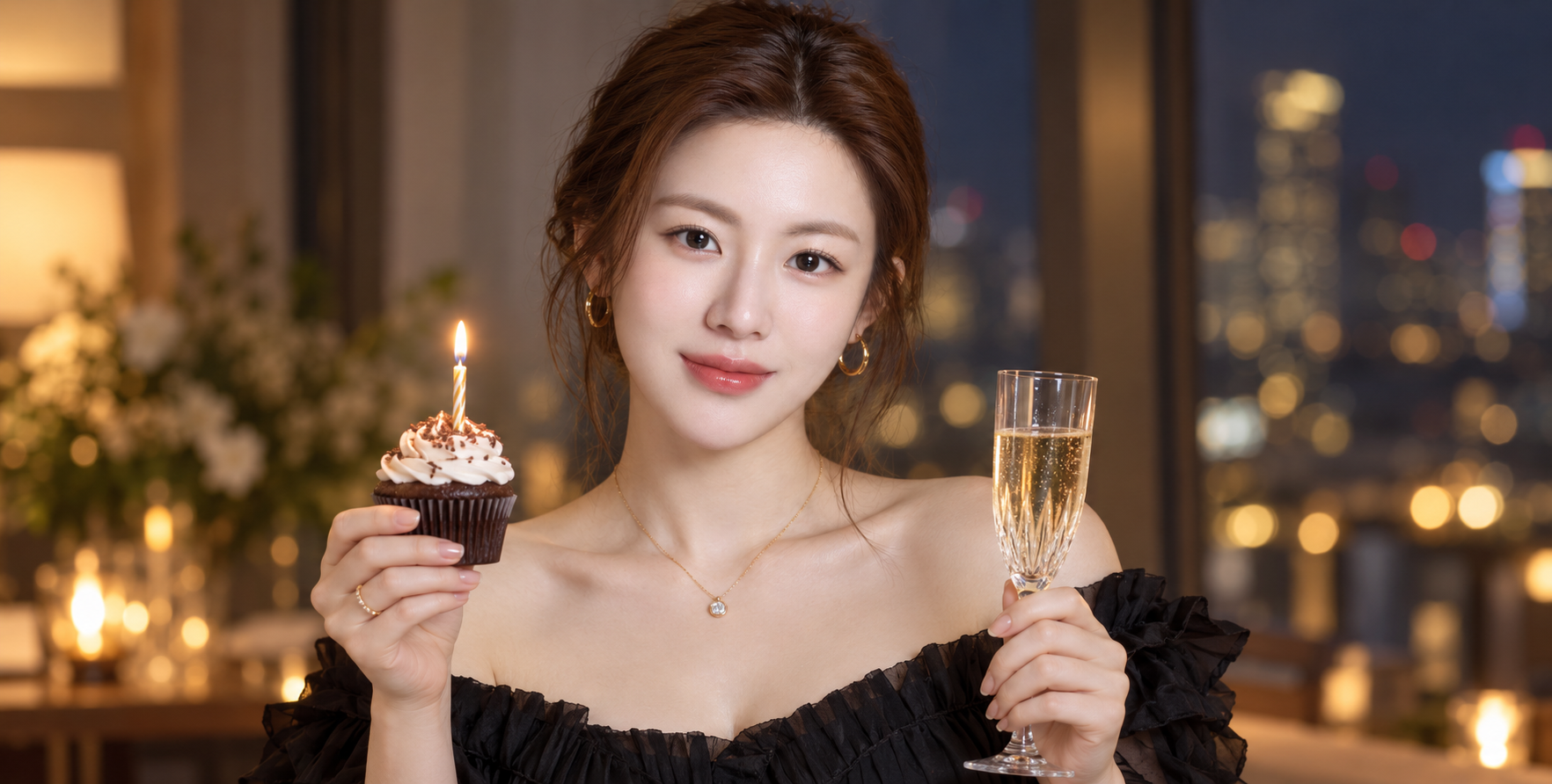 烛光与香槟相伴的黑裙生日肖像