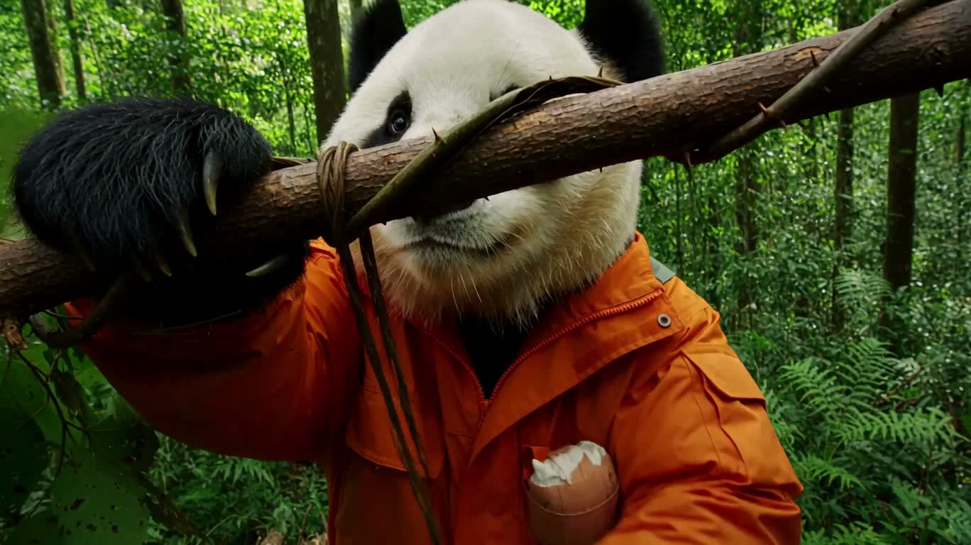 Pandas construisant un pont de lianes dans la forêt tropicale — AI video creation