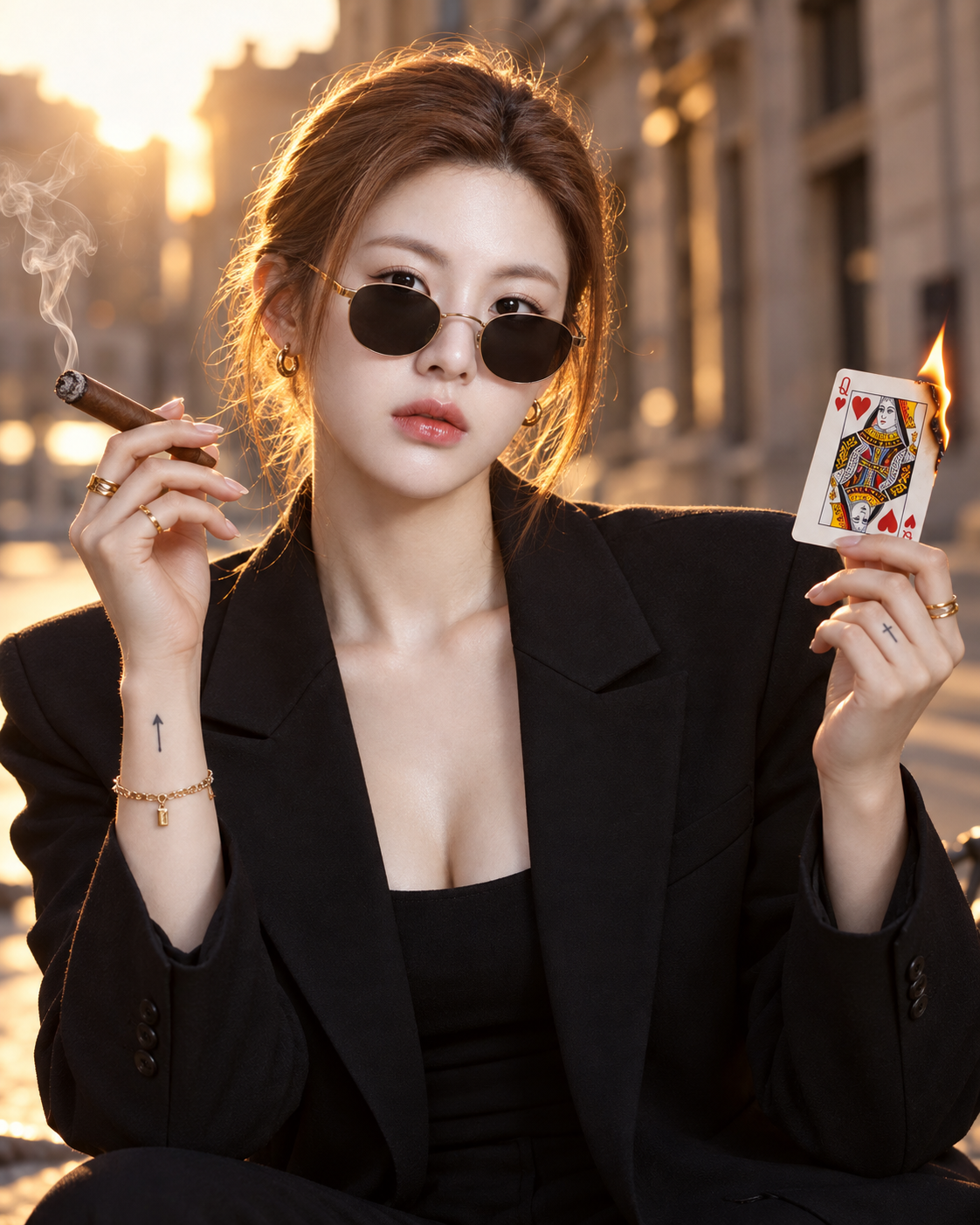 黄金时刻逆光时尚人像与红心皇后
