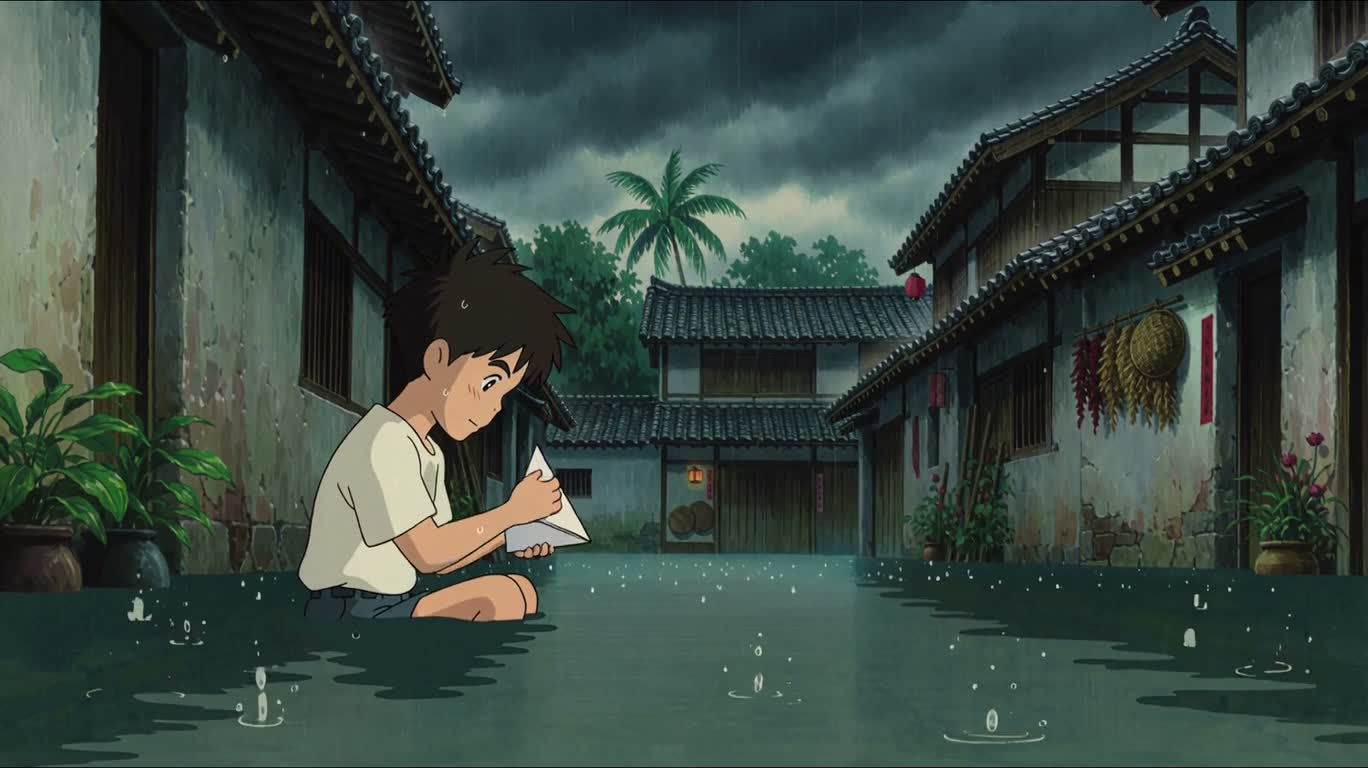 暴雨洪水中的纸船少年