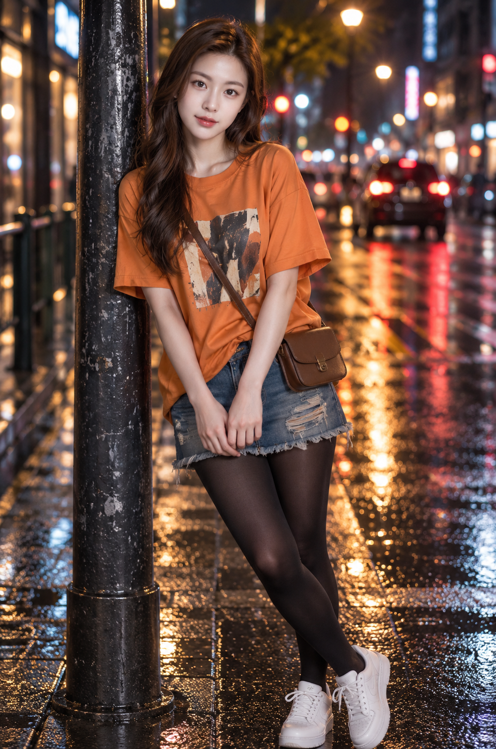 Cô gái thành thị dưới đêm neon và ánh sáng bokeh tuyệt đẹp