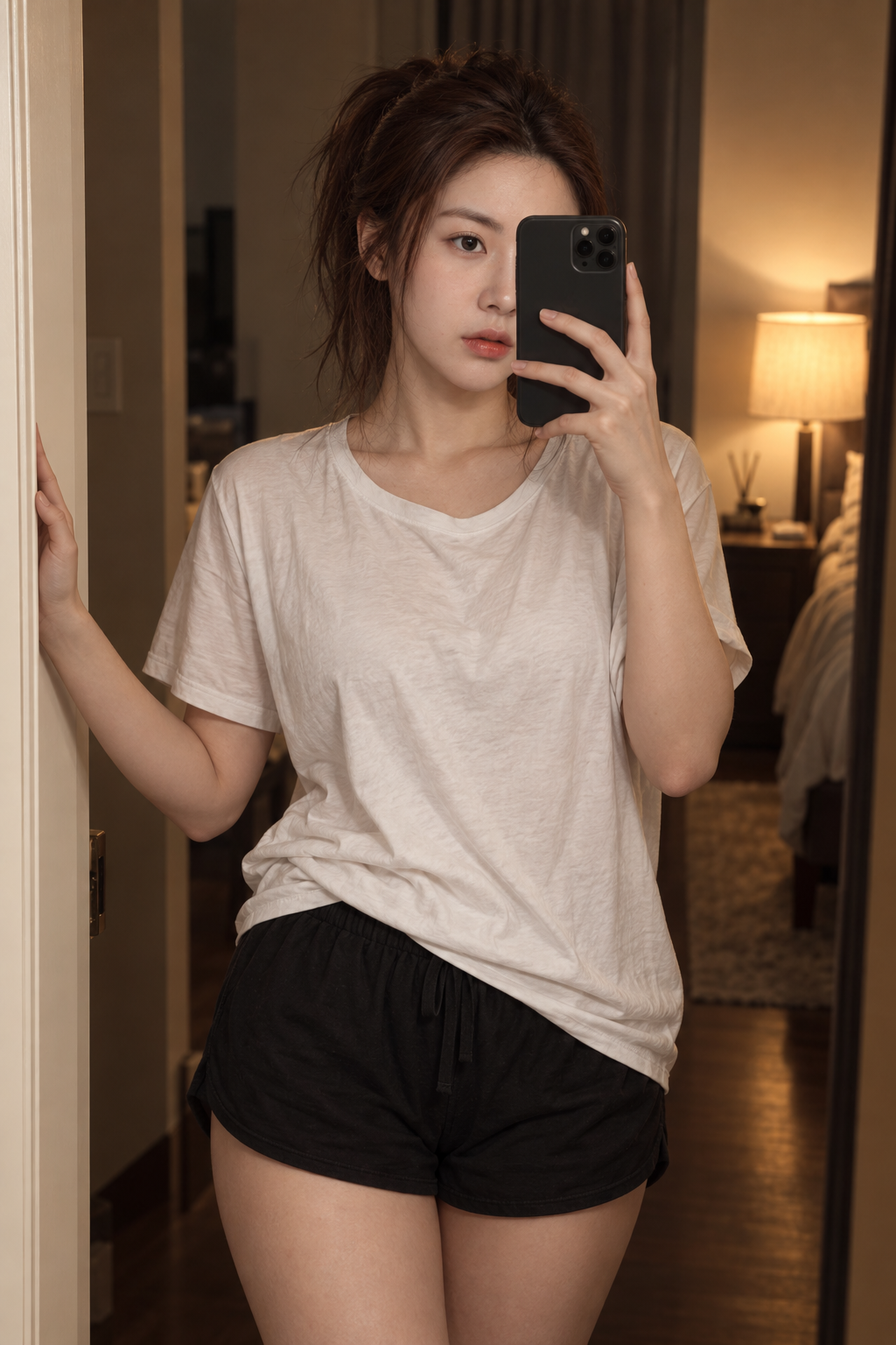 暖光卧室里的成年女性镜面肖像