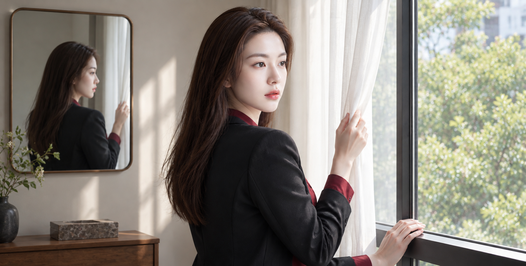 红黑配色窗边成年女性时尚刊物人像