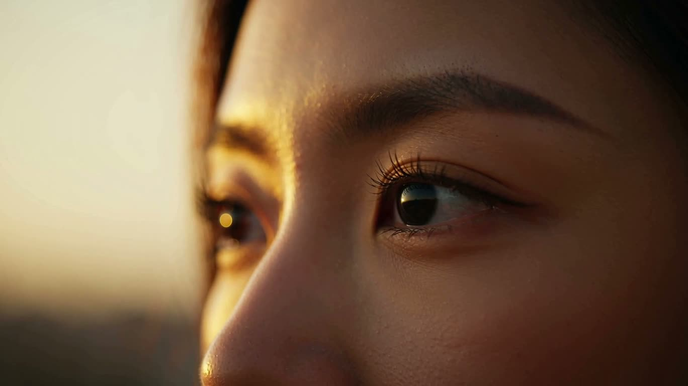 マラケシュのマジックアワーに輝く瞳のクローズアップ — AI video creation