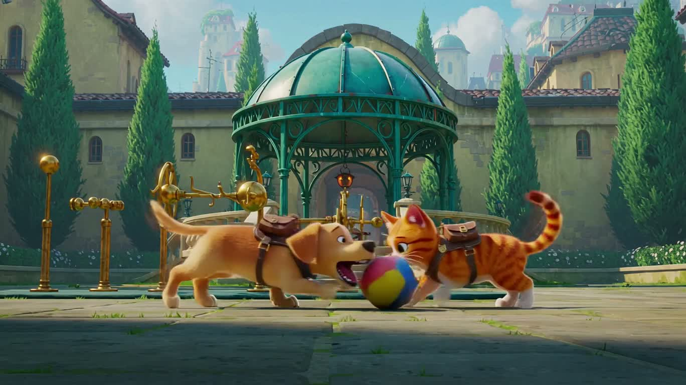 Puppy and Kitten Chasing a Ball in a Fantasy Academy