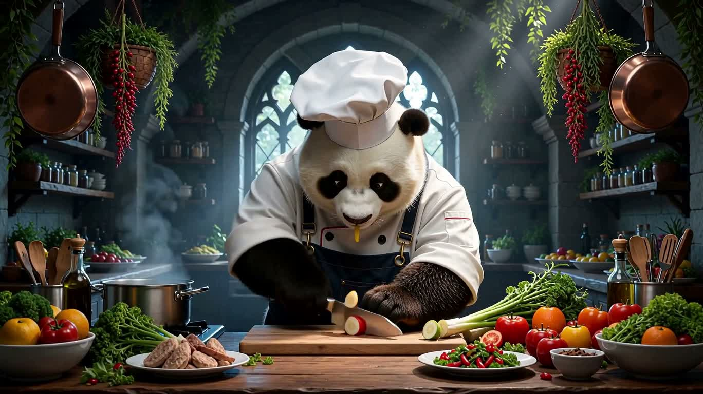 Đầu bếp gấu trúc sắc màu huyền ảo — AI video creation