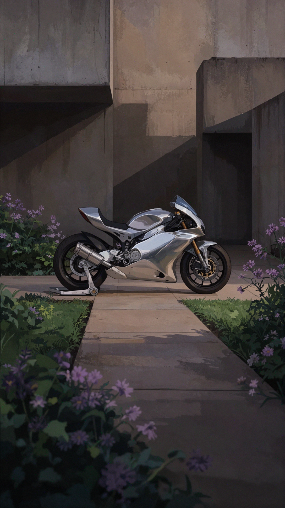 Moto dans le jardin de sculptures · Cel shading japonais — AI image creation