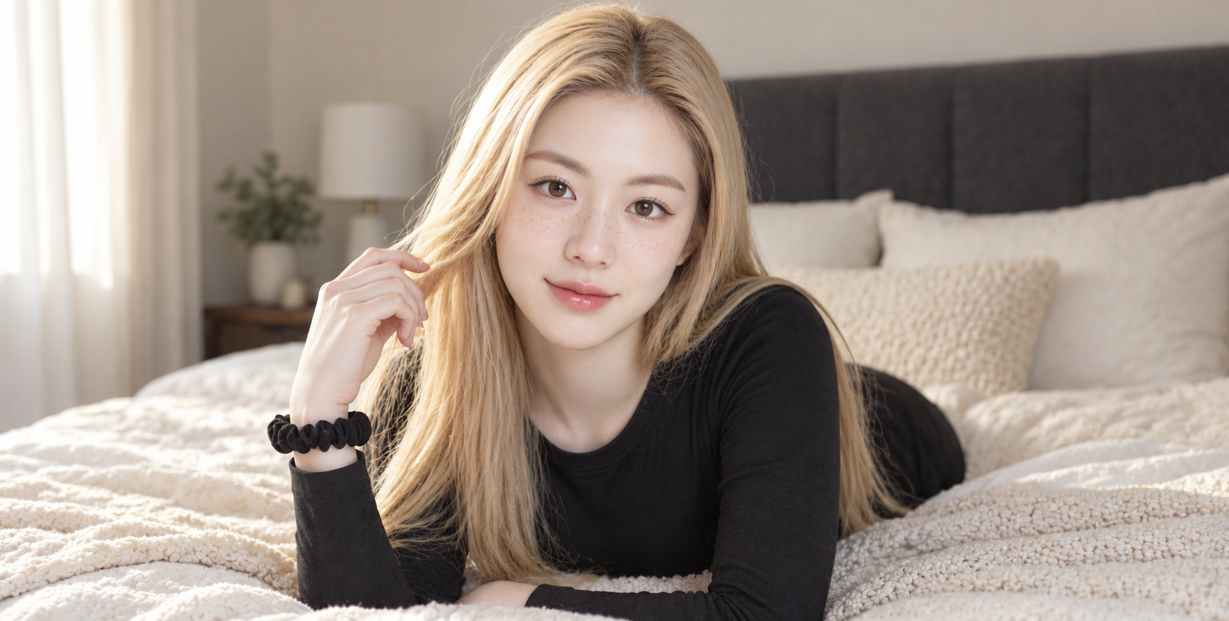 Portrait d'une adulte blonde au lit dans la lumière