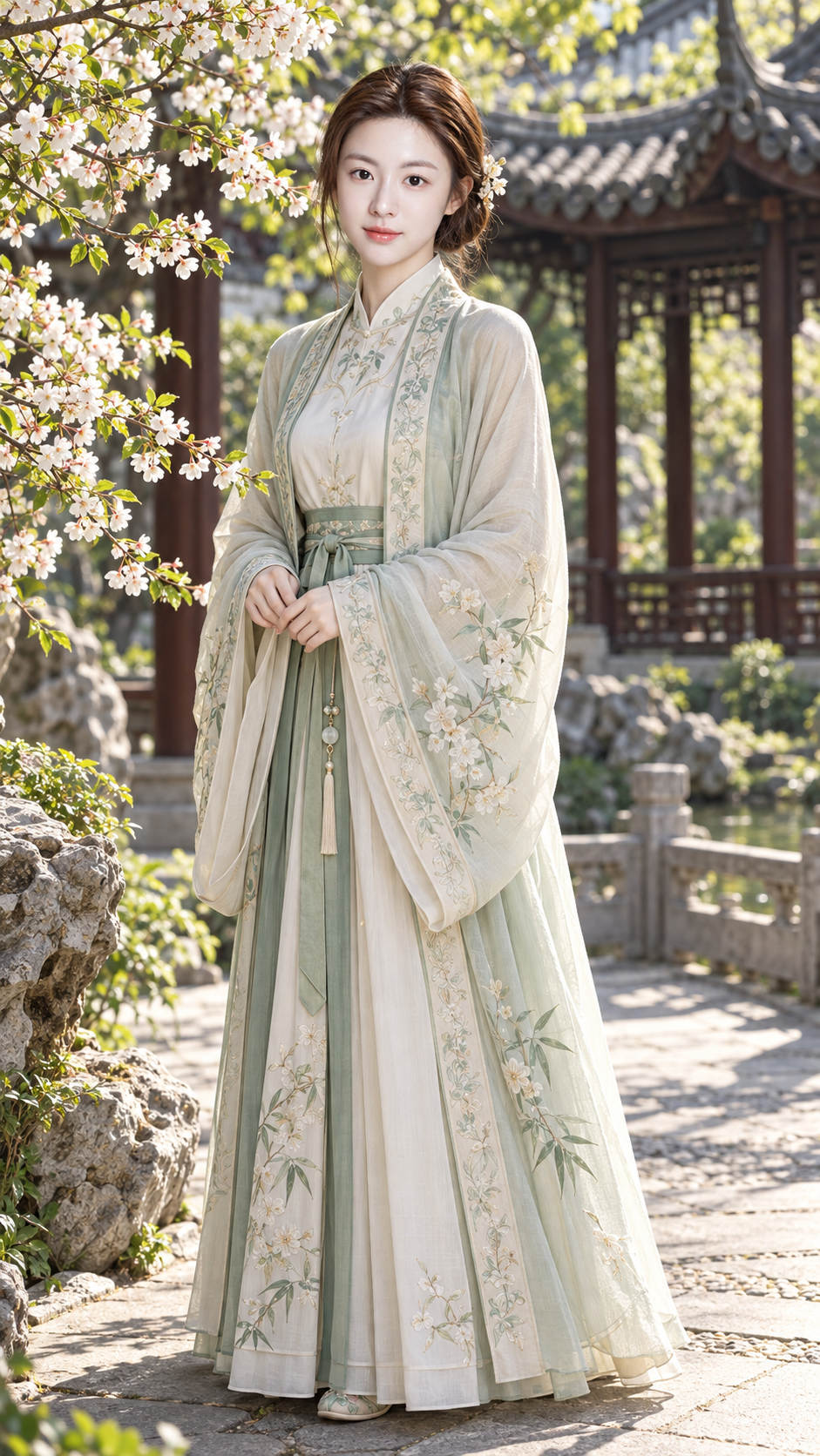 宋风汉服成年女性中式园林竖幅人像