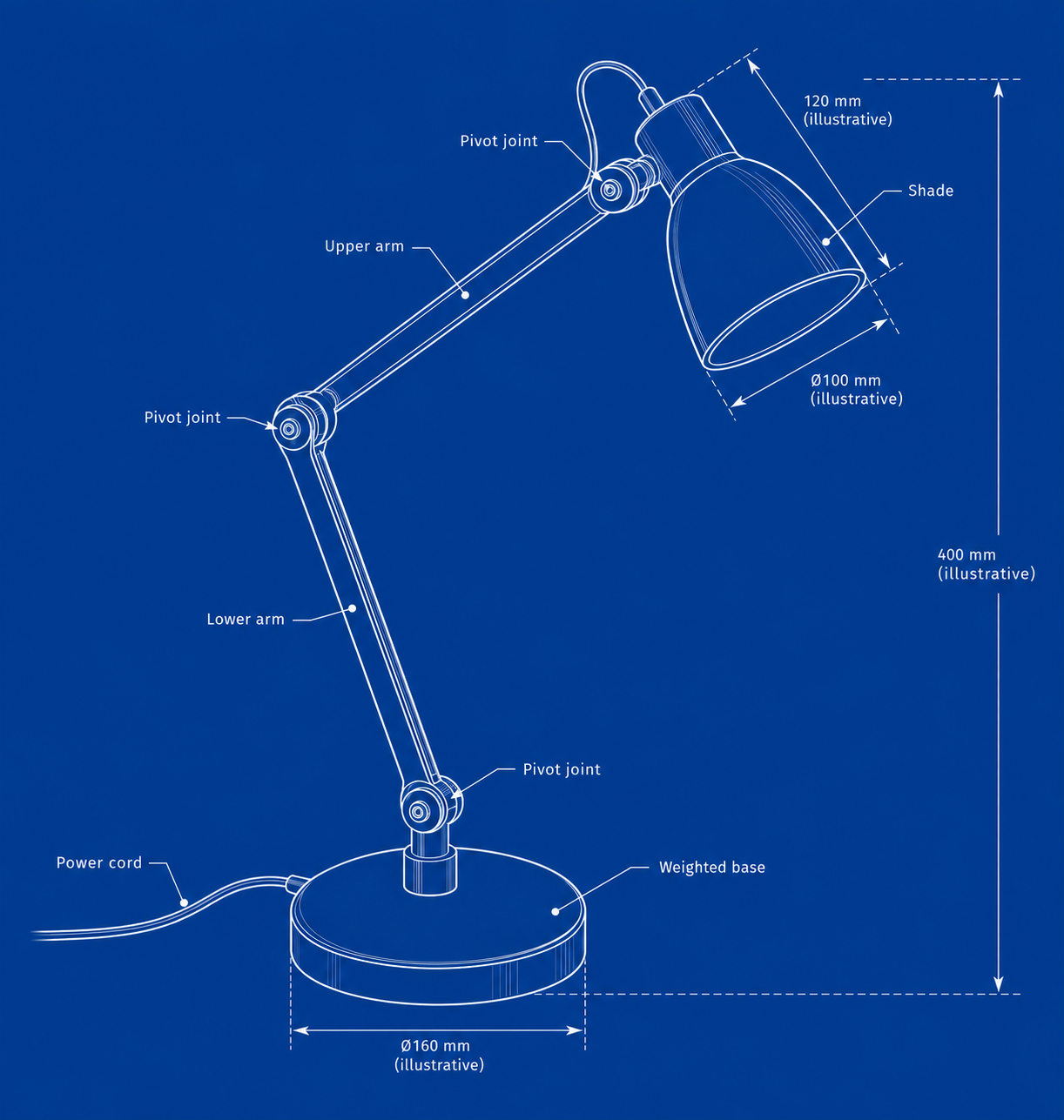 Lampe de bureau réglable en isométrie, blueprint bleu et lignes blanches