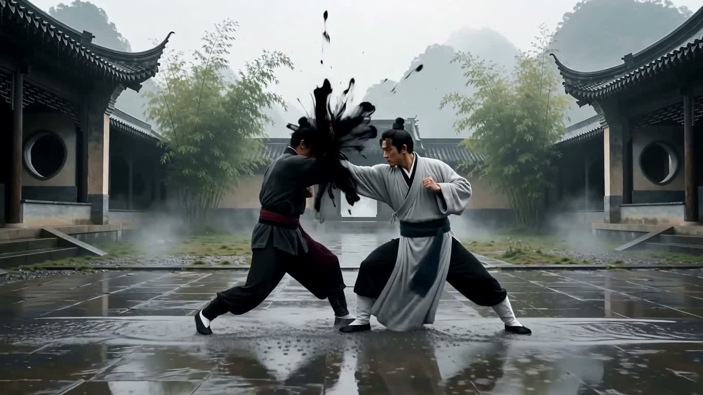 Ink-Wash Wuxia Duel in the Rain