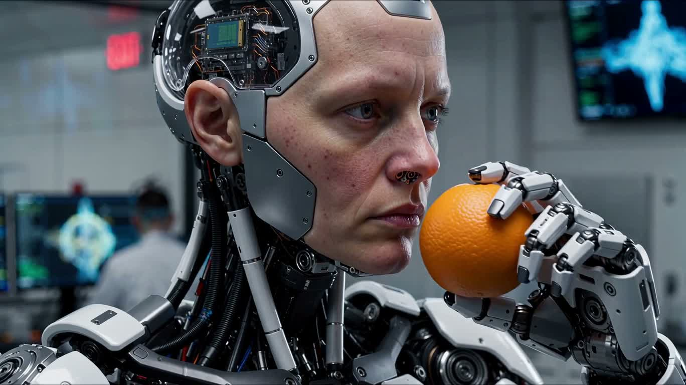 Крупный план робота, нюхающего апельсин в лаборатории — AI video creation
