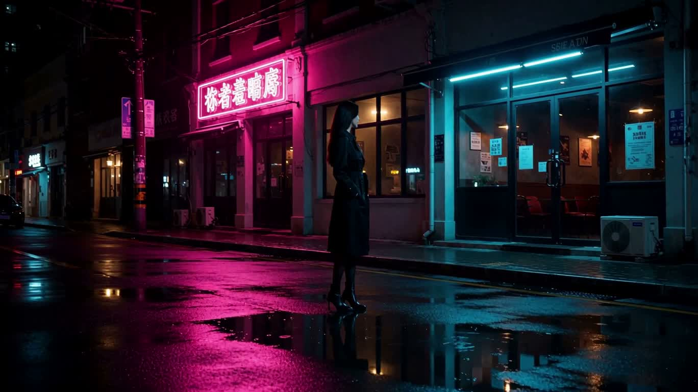Scène de rue sous la pluie, nuit néon