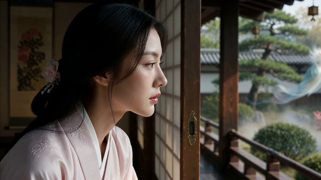 사찰 정원의 기이한 창밖 풍경