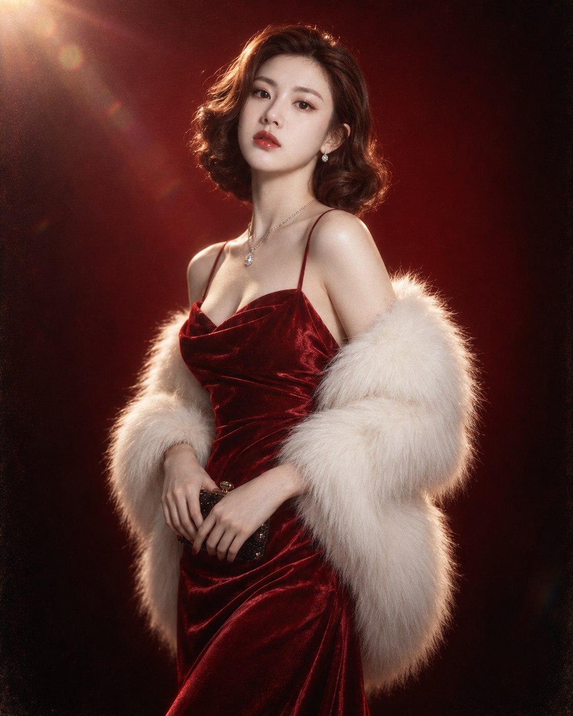 ヴィンテージ・ハリウッド 赤いドレスとファーのシルエット