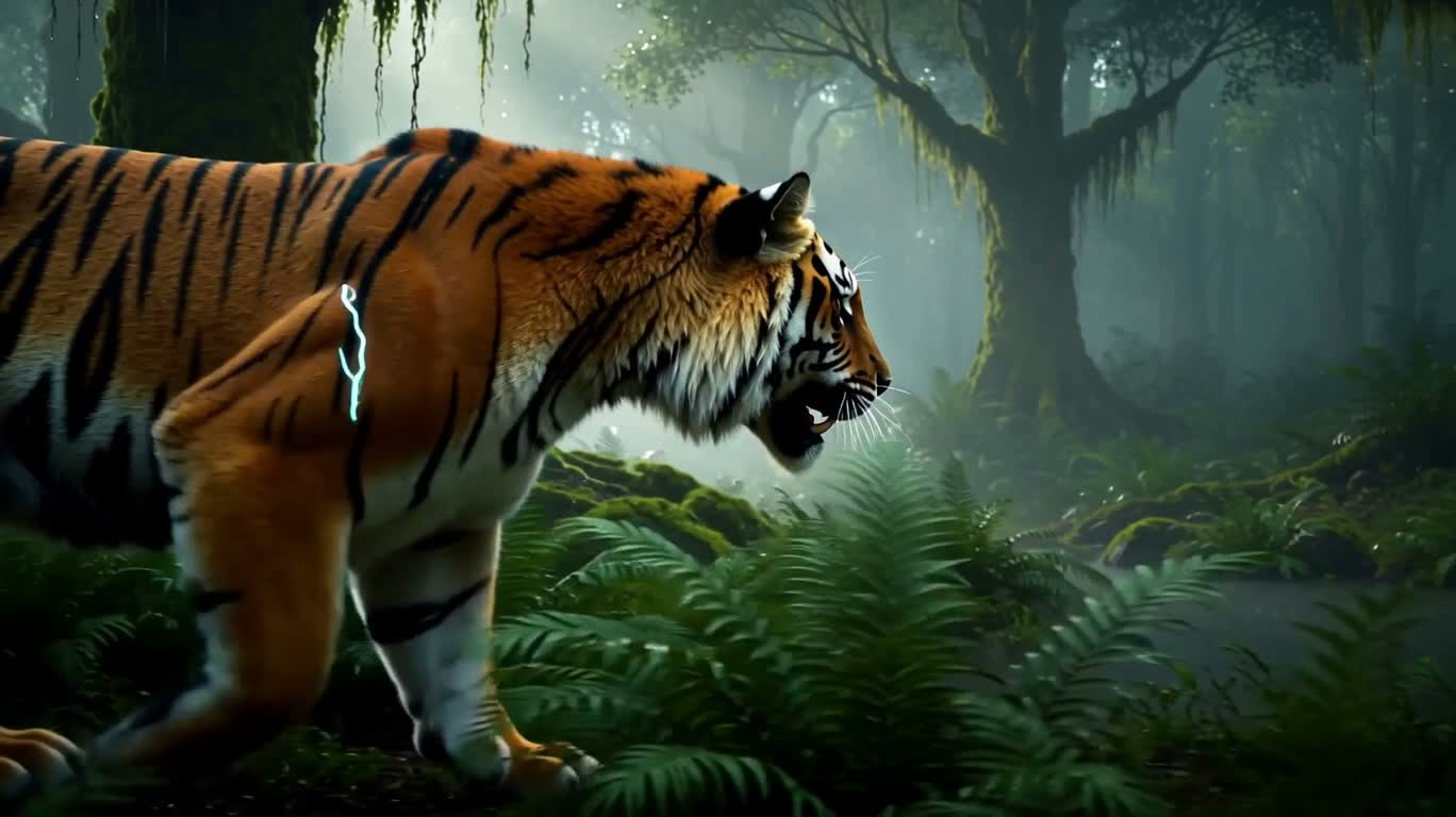 Bataille de fusion du tigre électrique dans la forêt tropicale