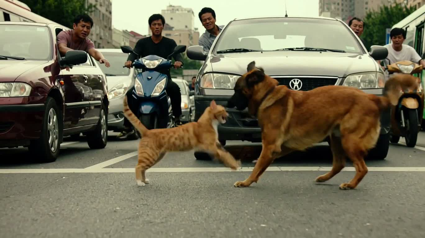 Mèo và chó đối đầu trong kẹt xe thành phố