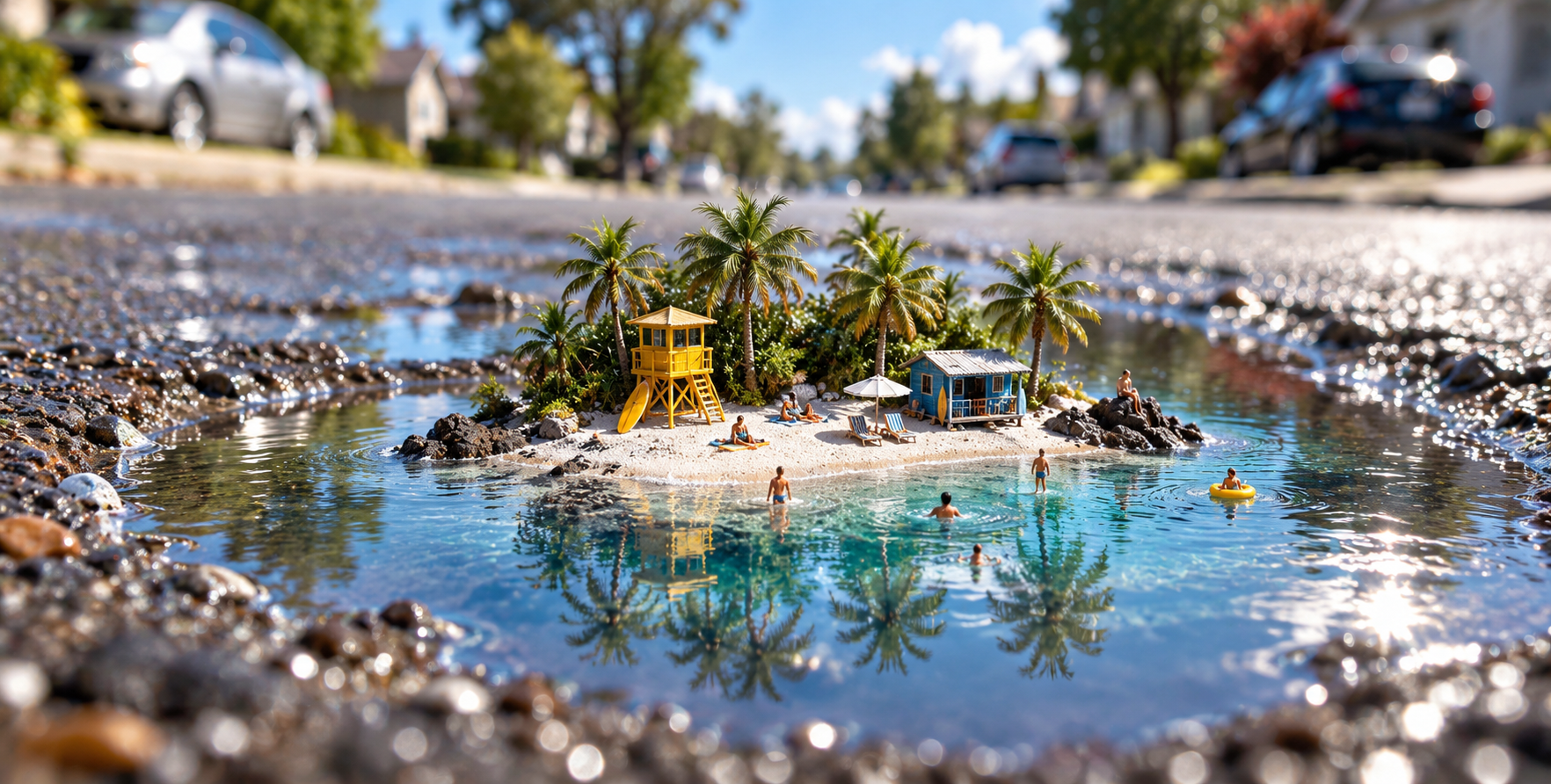 Île miniature fantastique dans une flaque d'eau sur une route goudronnée — AI image creation