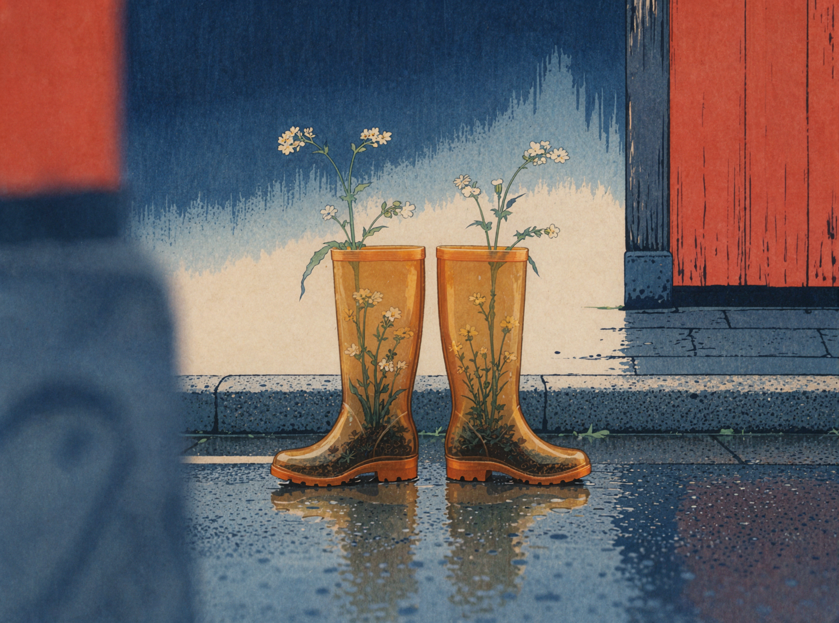 琥珀の雨靴・浮世絵木版 — AI image creation