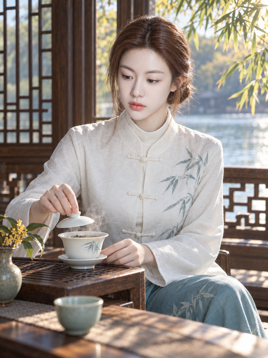 竹影茶室成年女性端庄品茶人像