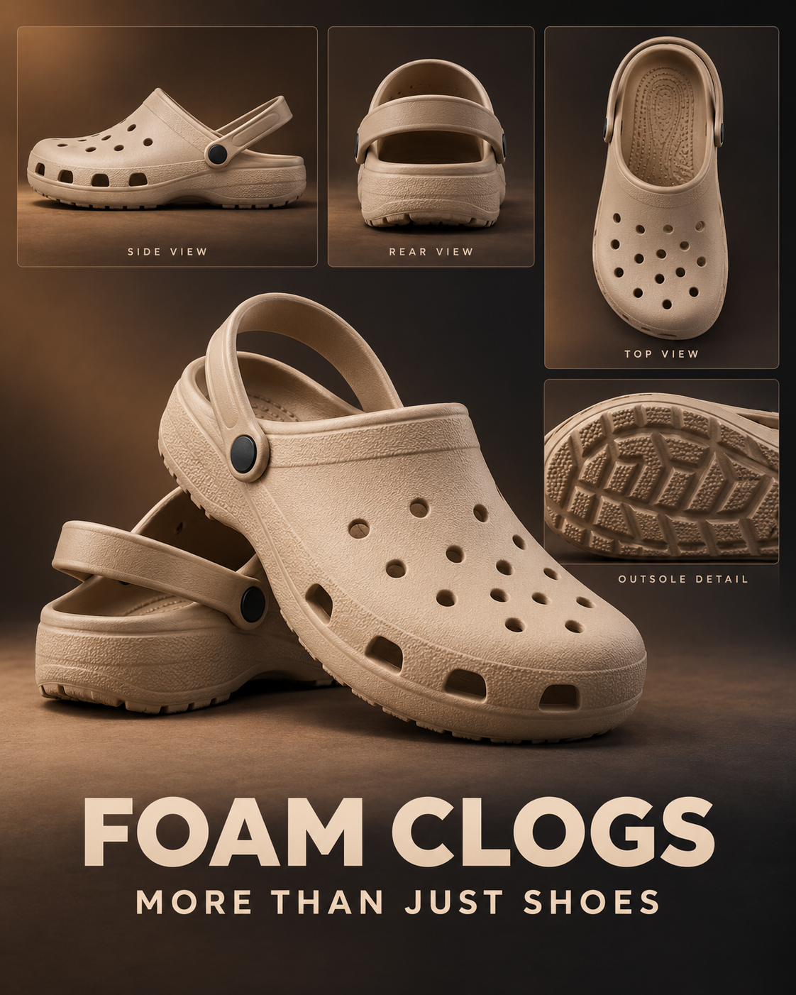 Affiche publicitaire multi-angles pour sabots en mousse beige-brun