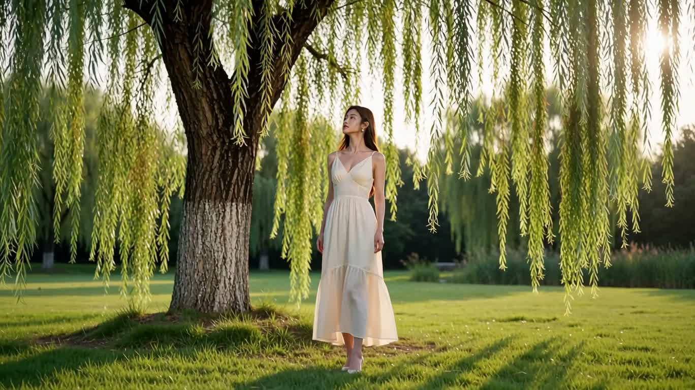 柳の木の下の成人女性 — AI video creation