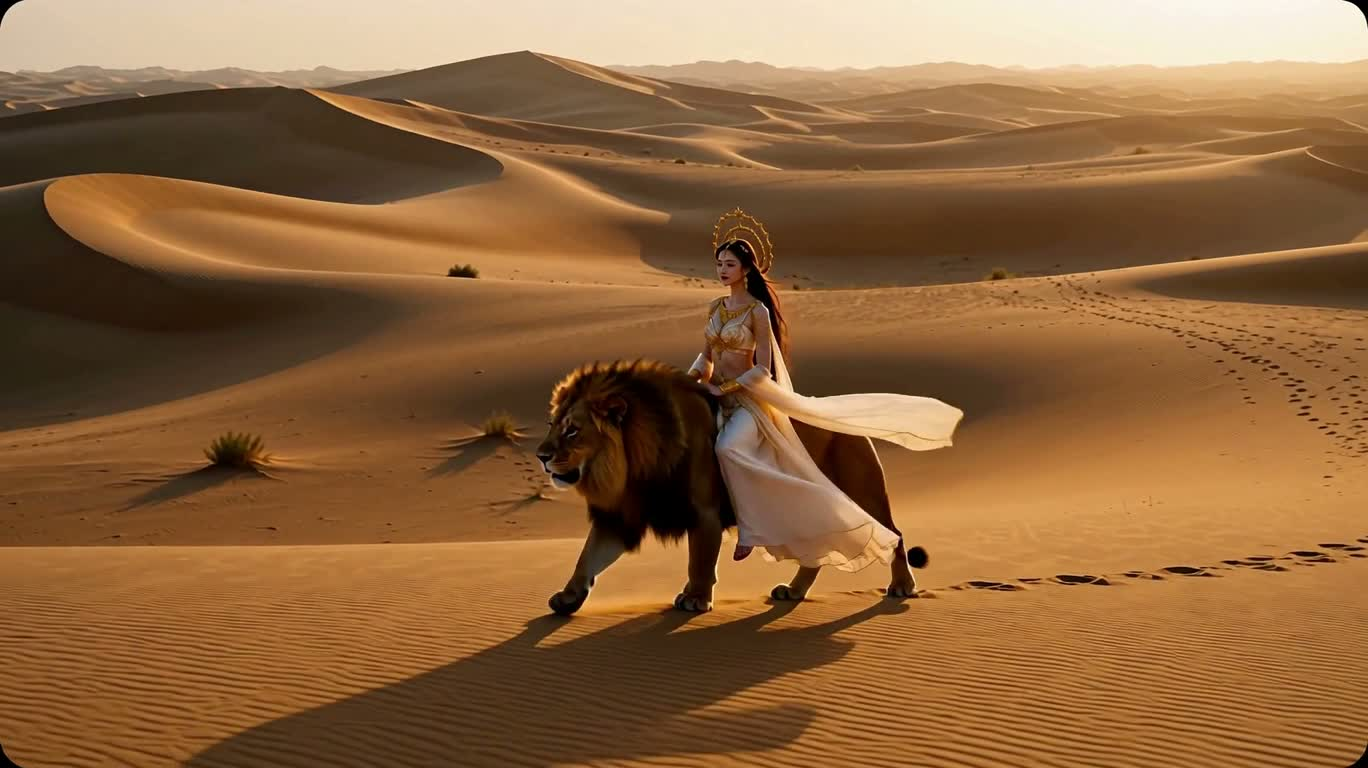 Déesse et lion dans la mer dorée de sable