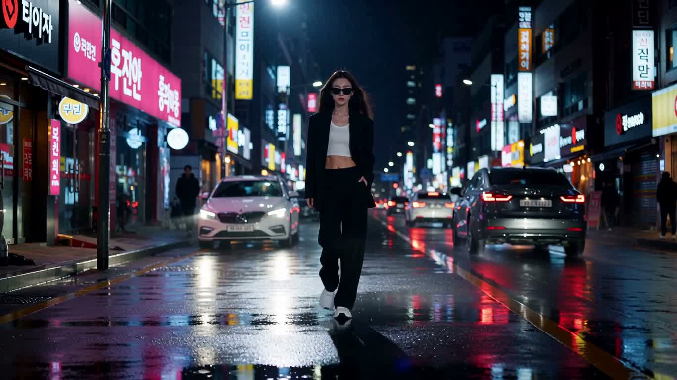霓虹雨夜的都市女行者