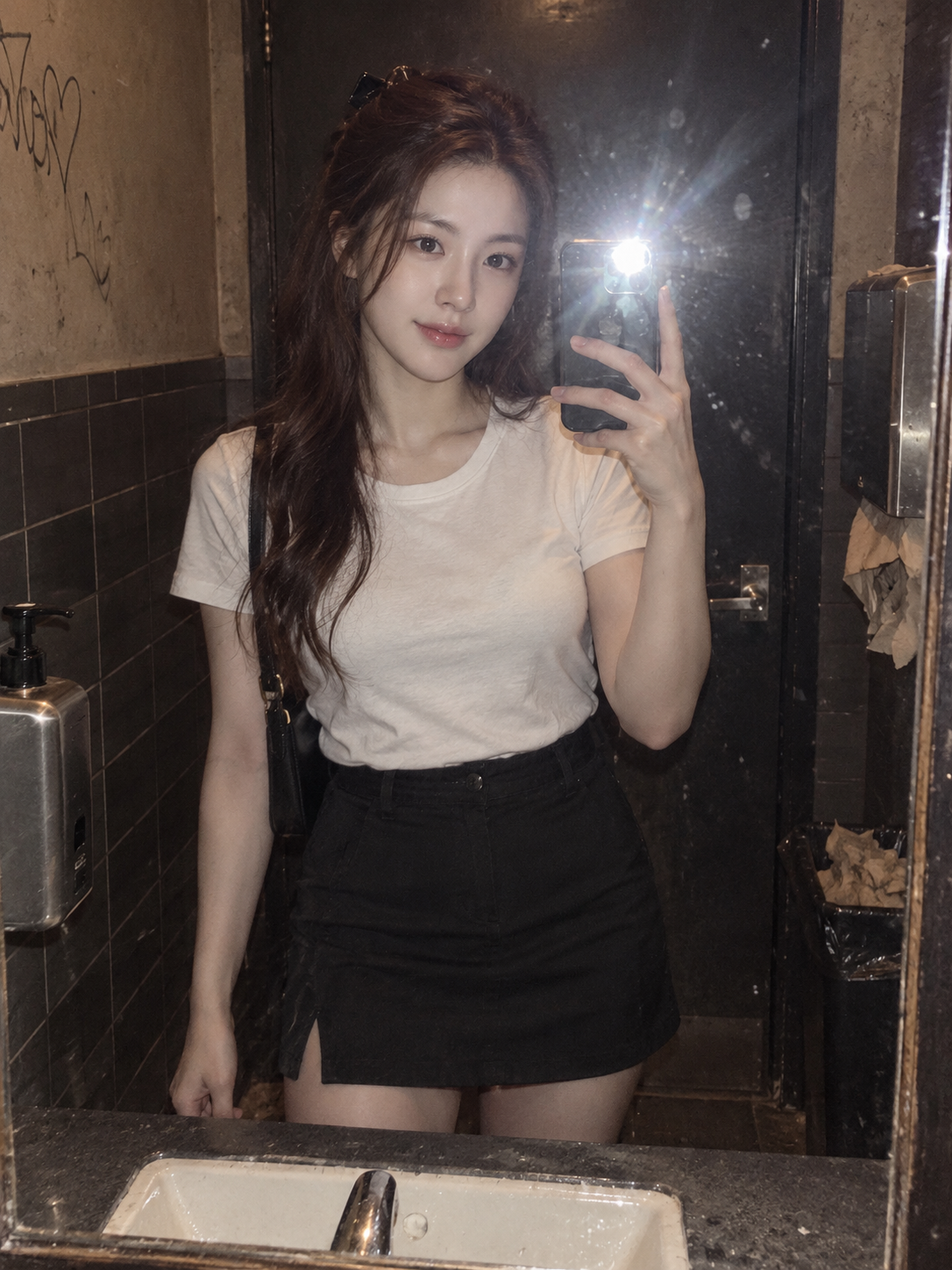 바 화장실에서 직광 플래시로 거울 셀카를 찍는 성인 여성