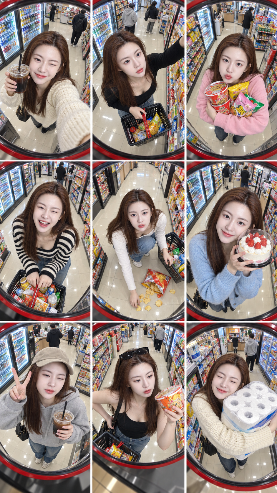 편의점 볼록거울에 비친 성인 여성의 9칸 라이프 콜라주