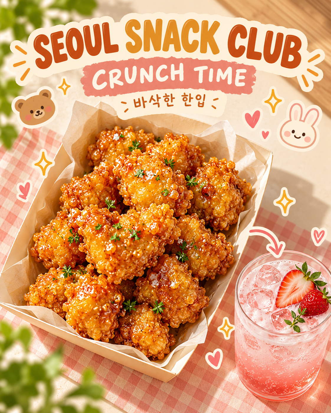 酥脆鸡块与草莓气泡饮可爱咖啡馆海报