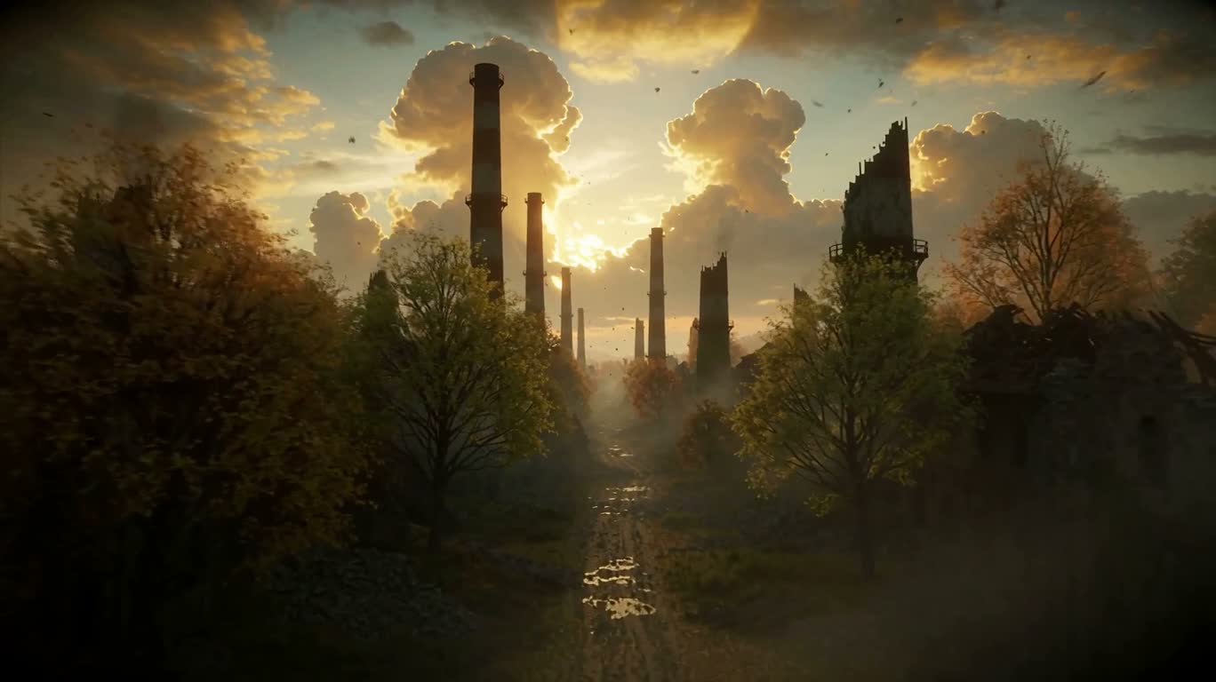 Tour en ruine sous le nuage champignon d'un matin d'automne — AI video creation