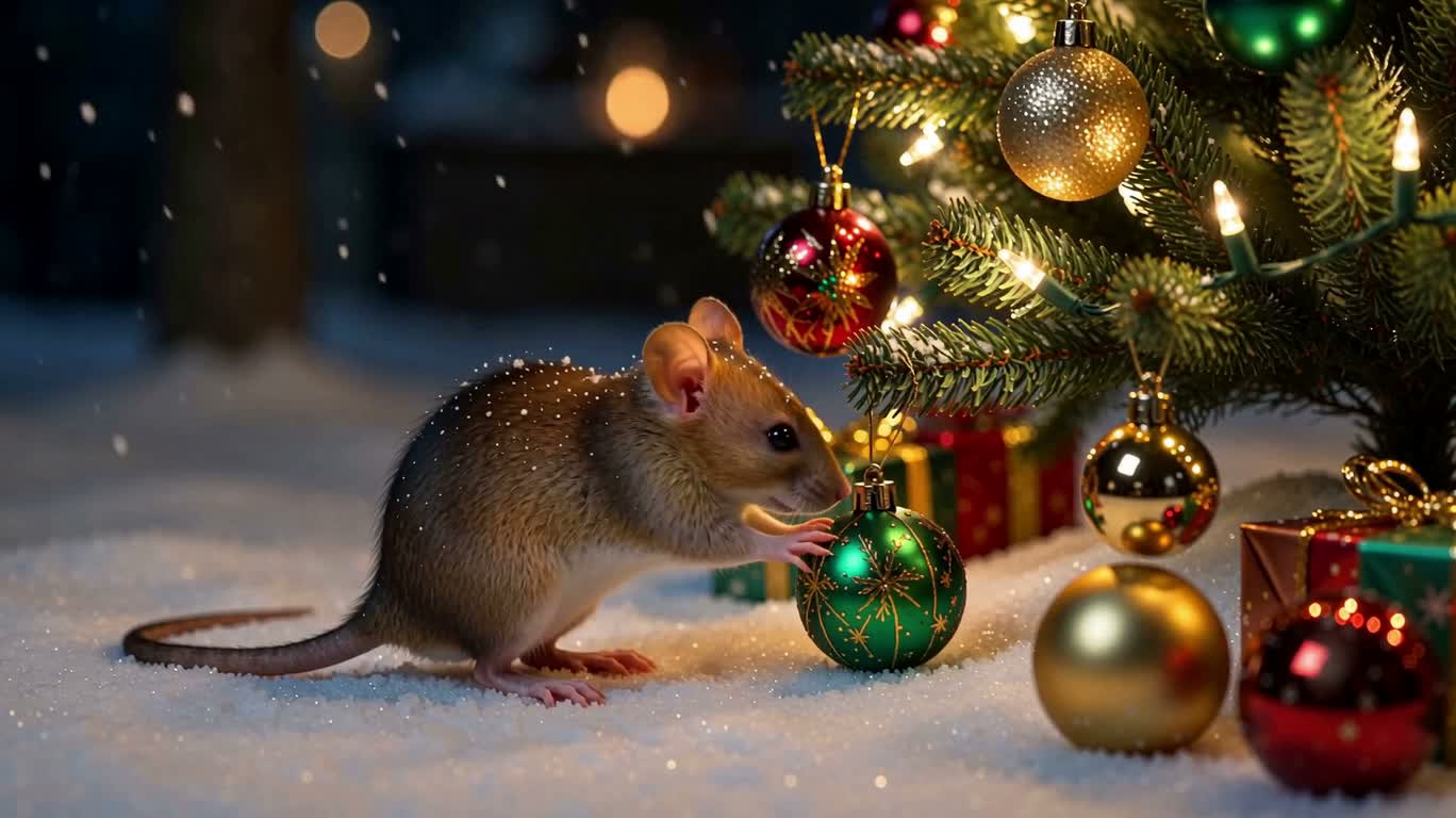 Chuột nhỏ đêm tuyết bên cây thông Noel