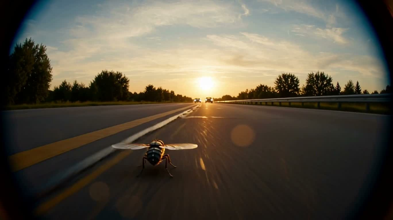 飞虫视角的夕阳公路爆炸追逐