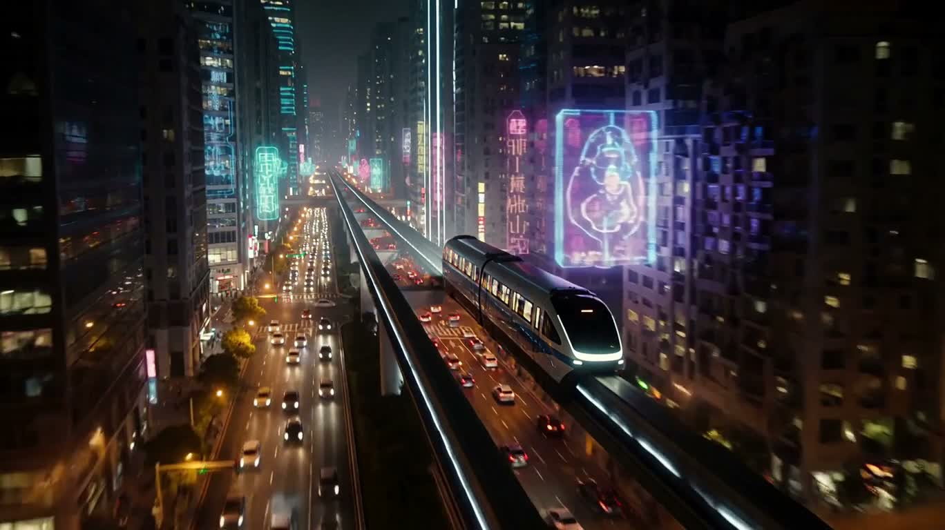 Future Monorail in a Neon City