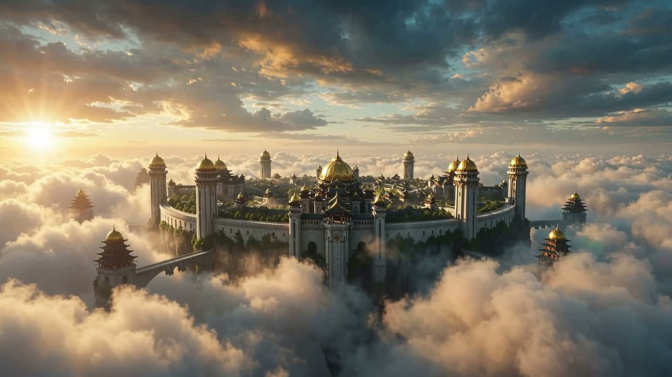 Древний парящий город над морем облаков