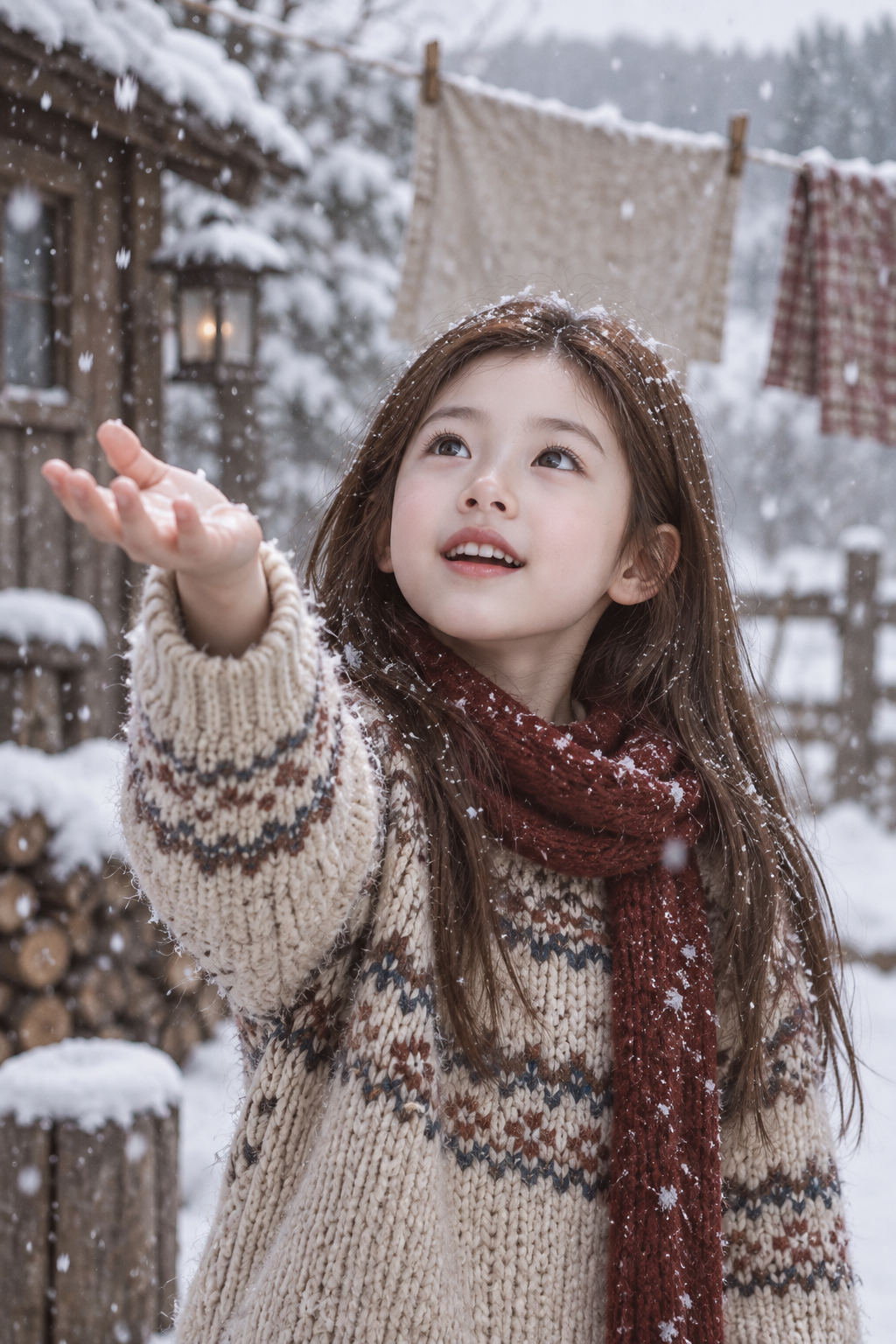 满眼惊喜伸手接雪的冬日电影感人像