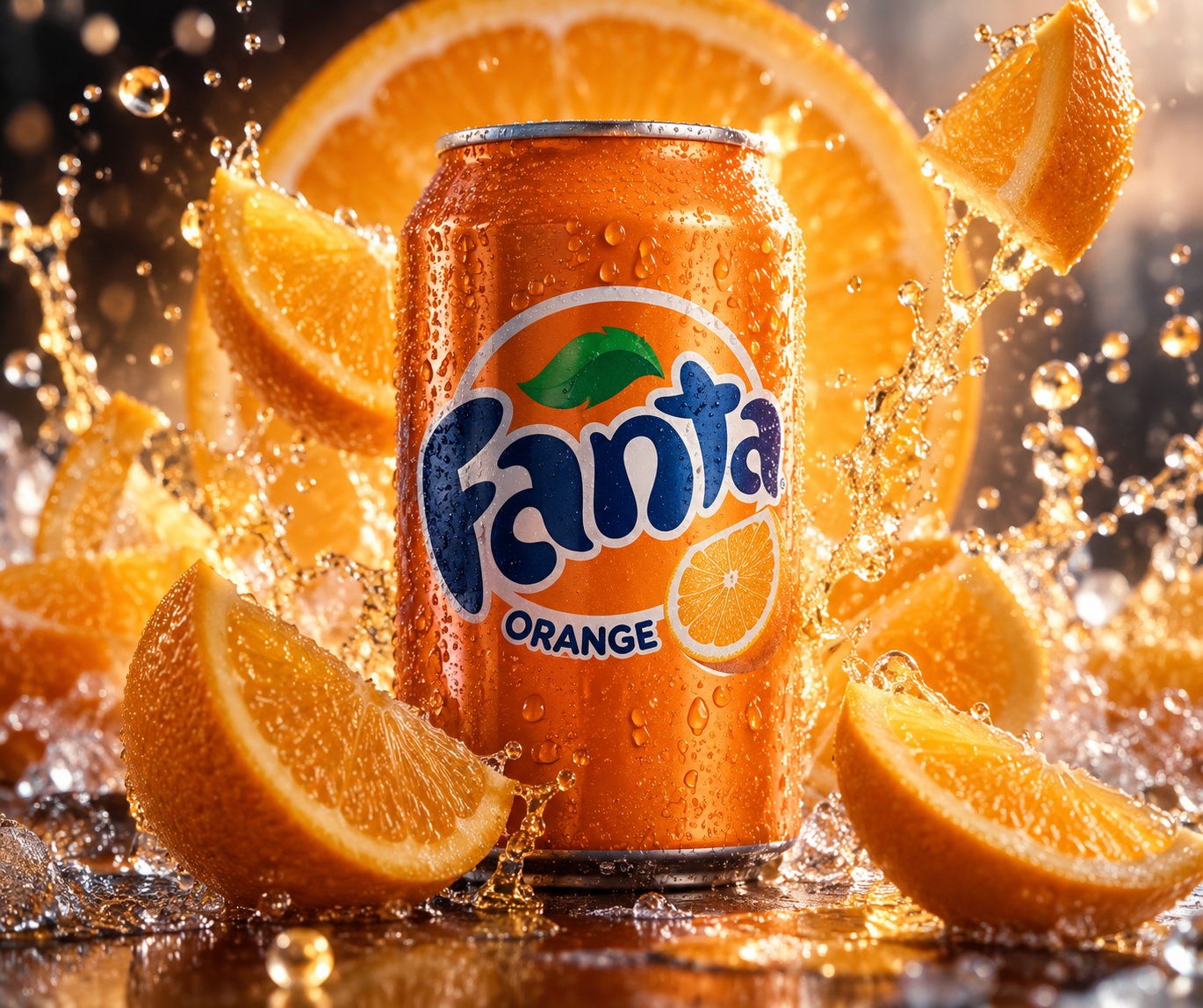冰镇 Fanta Orange 与橙汁飞溅的瞬间 — AI image creation