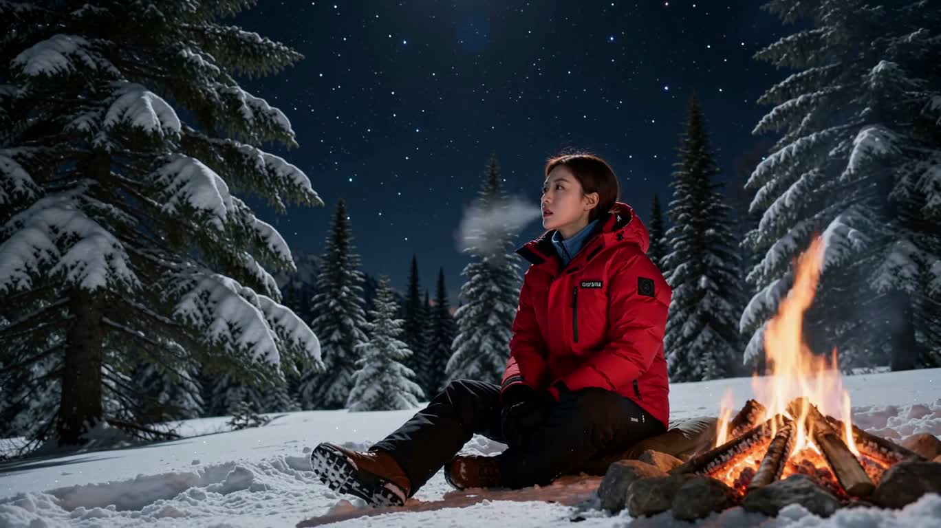 雪夜の焚き火のそばの静かなひととき