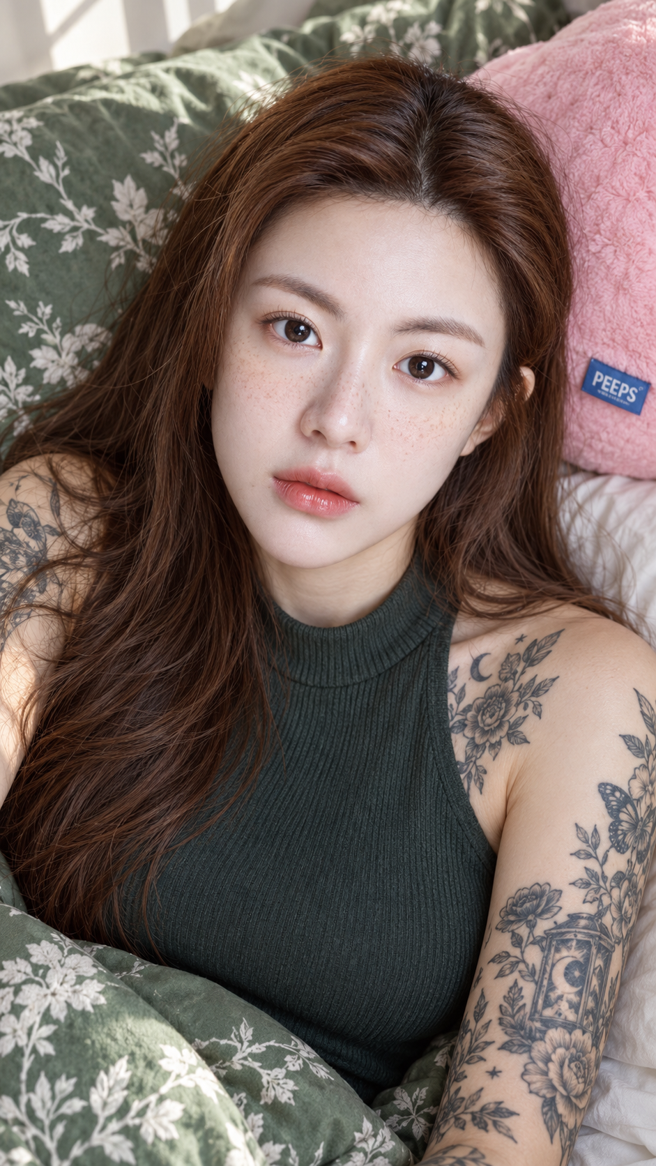 부드러운 빛 아래 침대 위 문신한 성인 여성의 초상