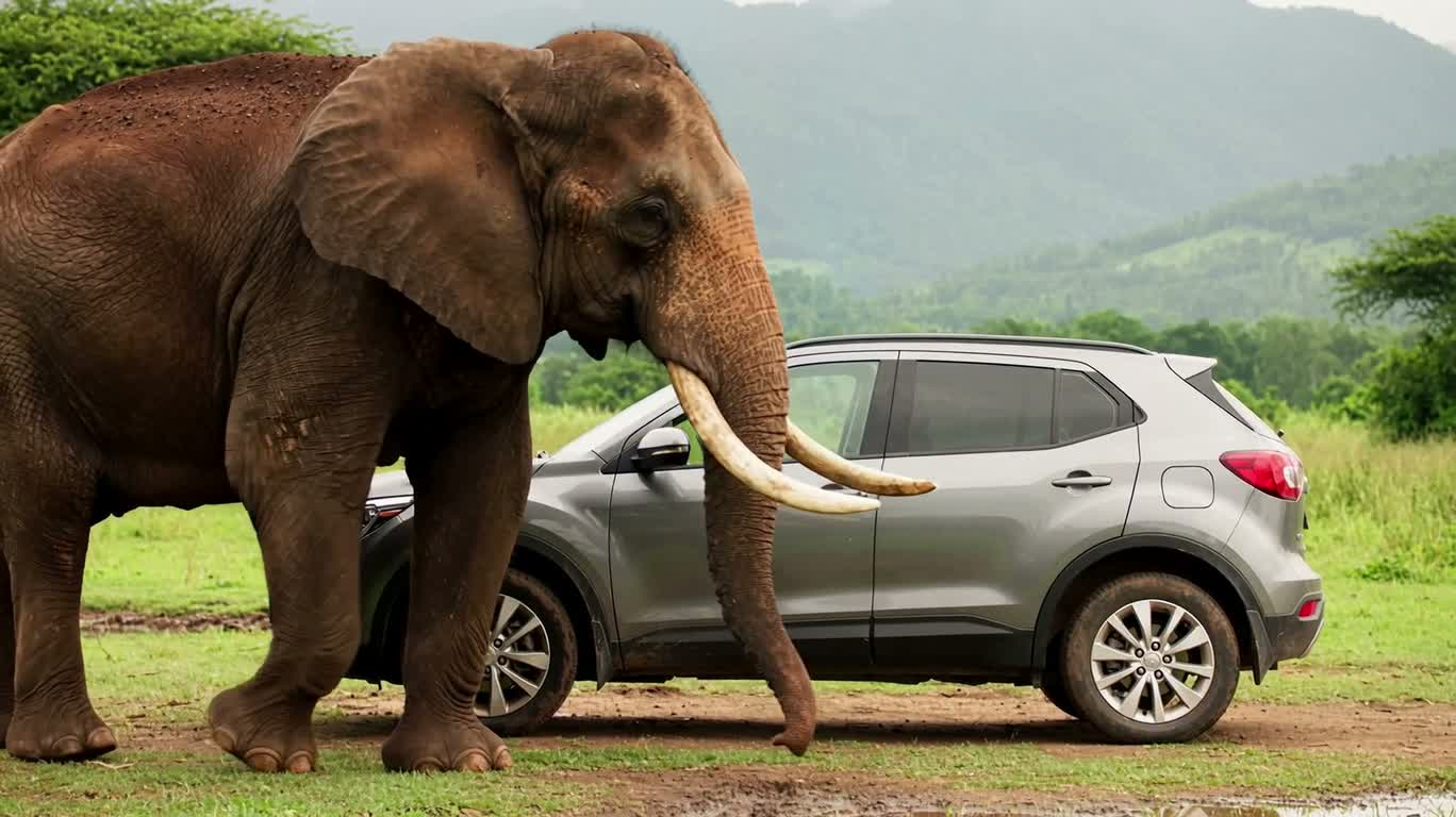 Elephant Walking Around a Car