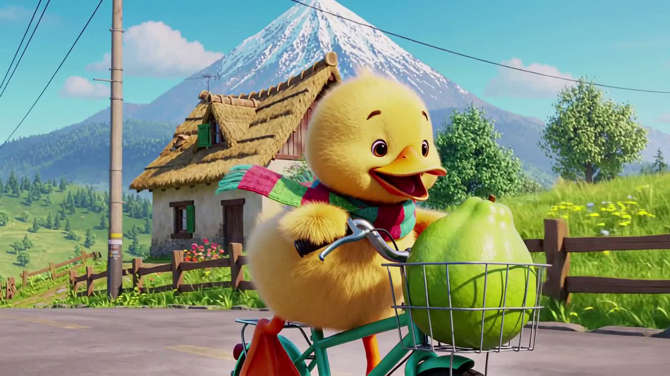 山道をサイクリングするアヒル