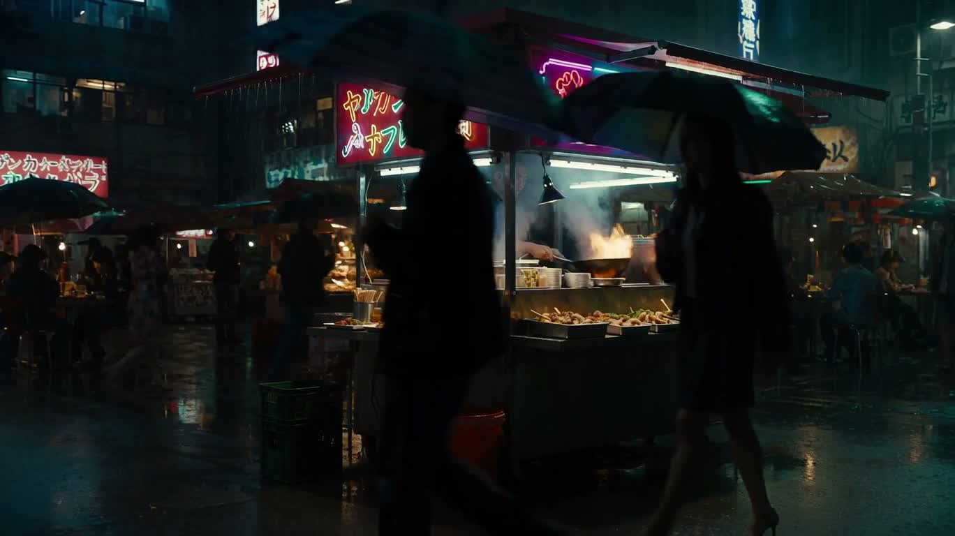 霓虹雨夜街头食摊