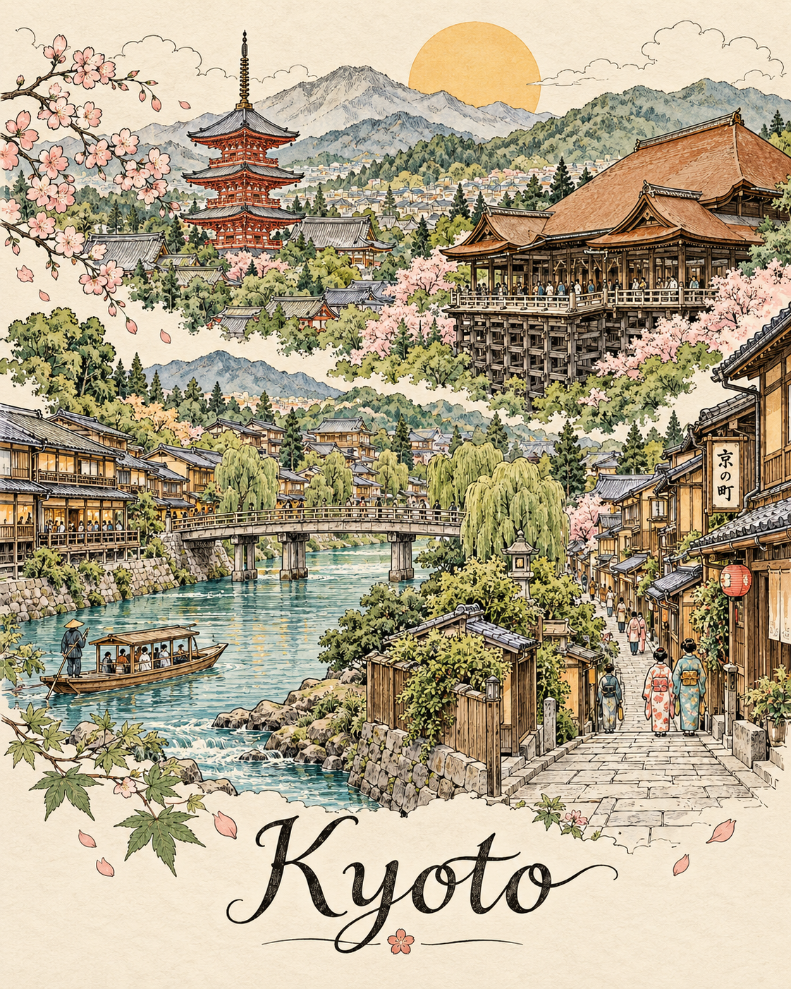 复古旅行手绘插画填色书风格