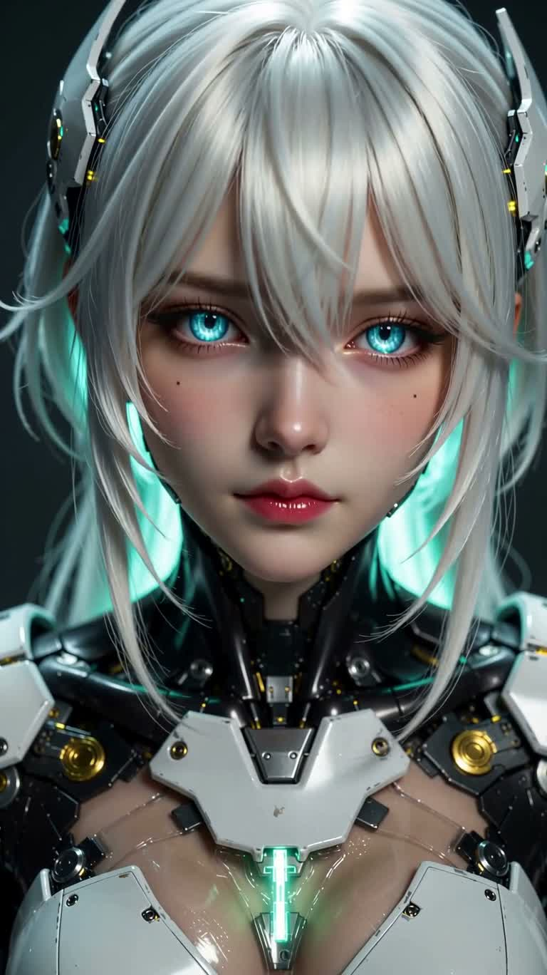 Портрет беловолосого бионического воина — AI video creation